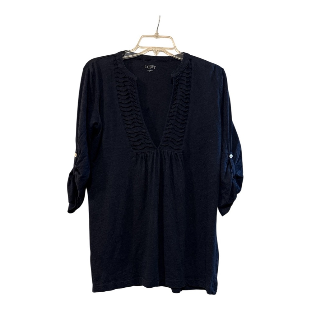 LOFT Women’s Navy Top with Ruffle Detail in size S